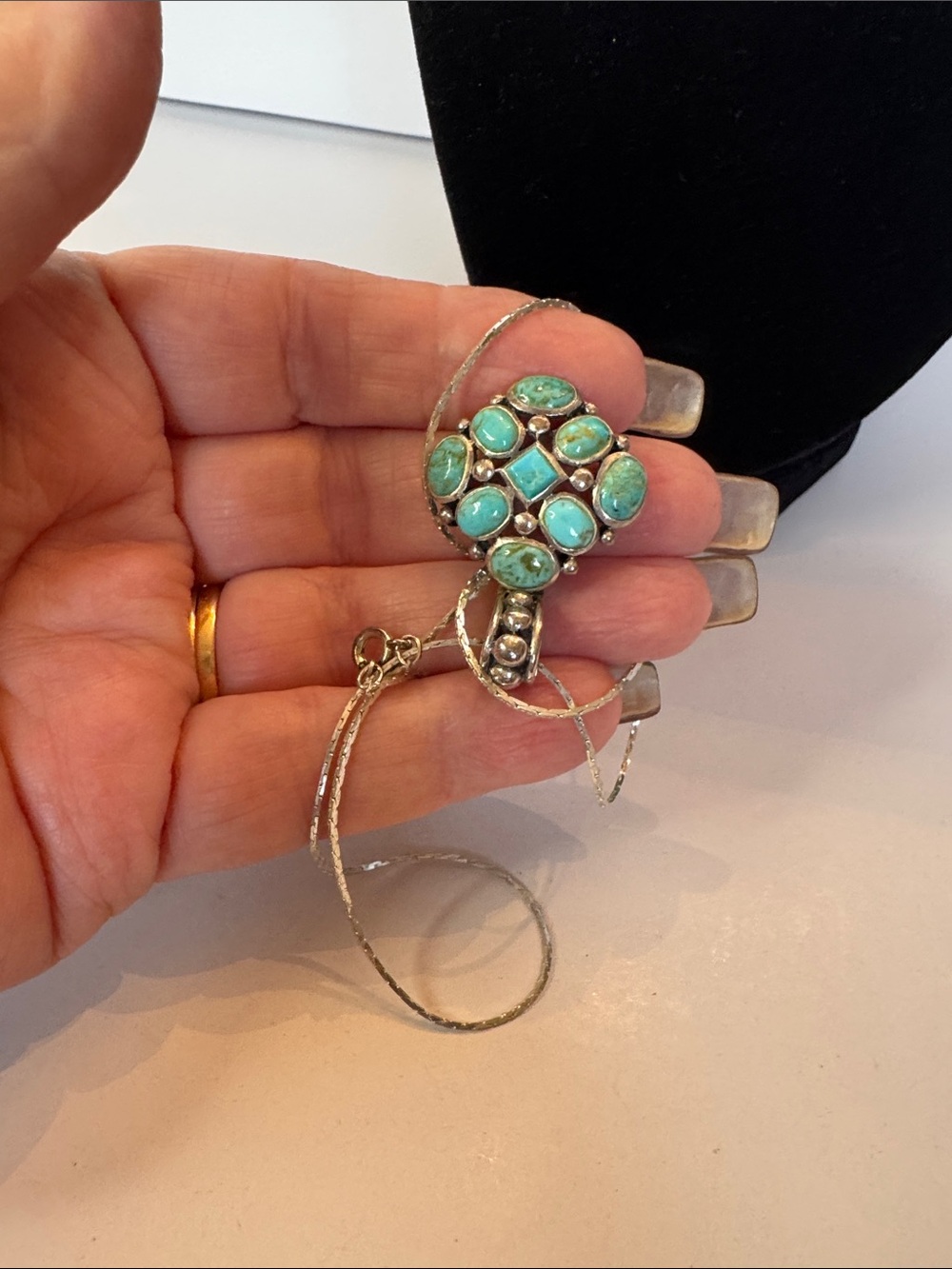 Sterling Silver Turquoise Cluster Pendant Vintage Necklace with SS chain. - Picture 6 of 8